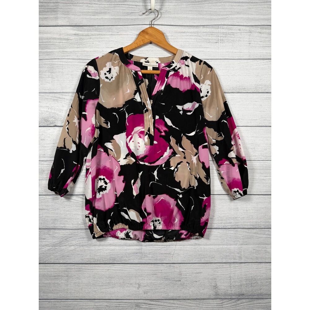 Dana Buchman Women's S Black Pink Floral 3/4 Sleeve Blouson Top 1498